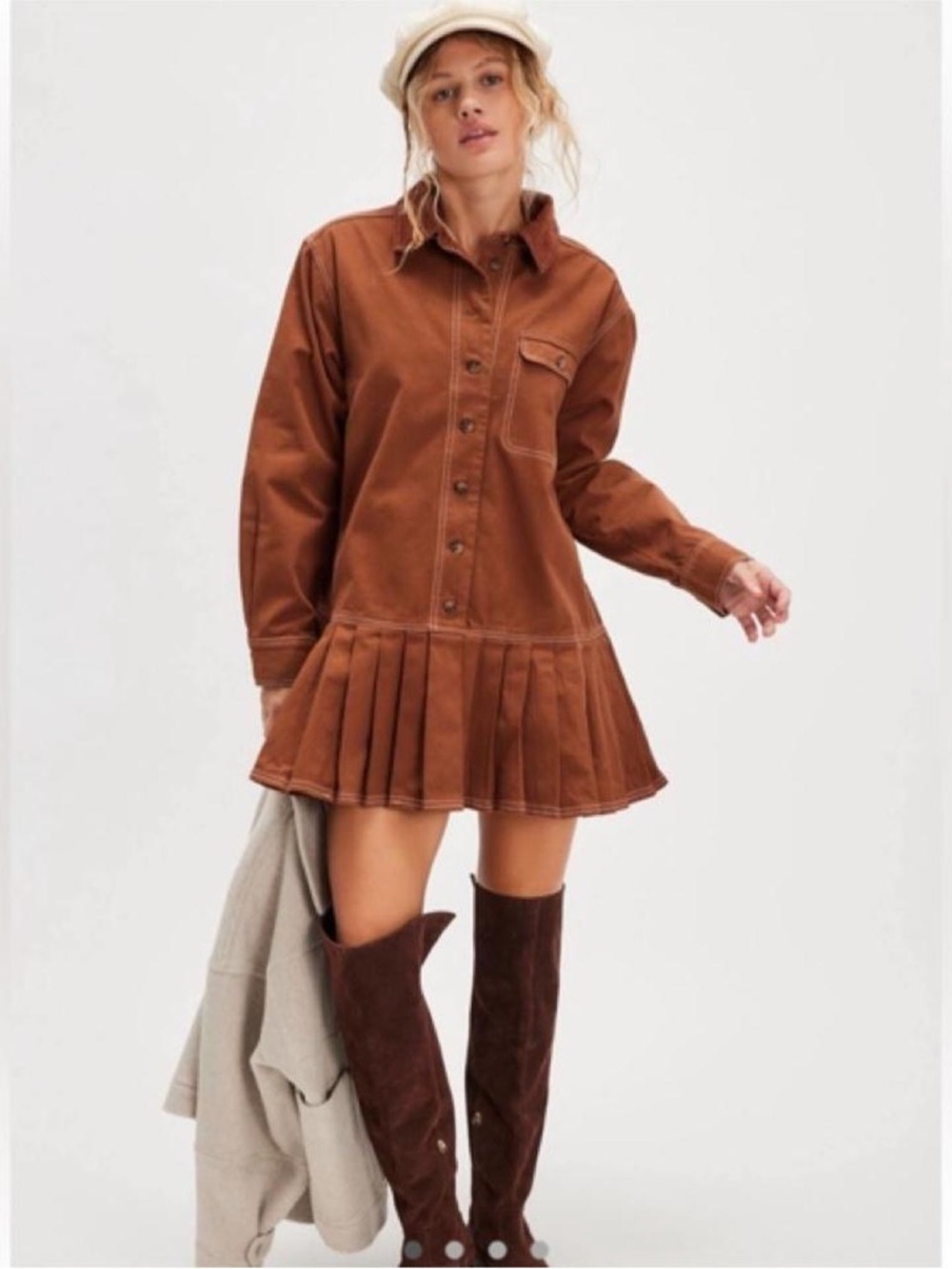 Free People Chestnut Brown Pleated Button-Front Mini Shirtdress